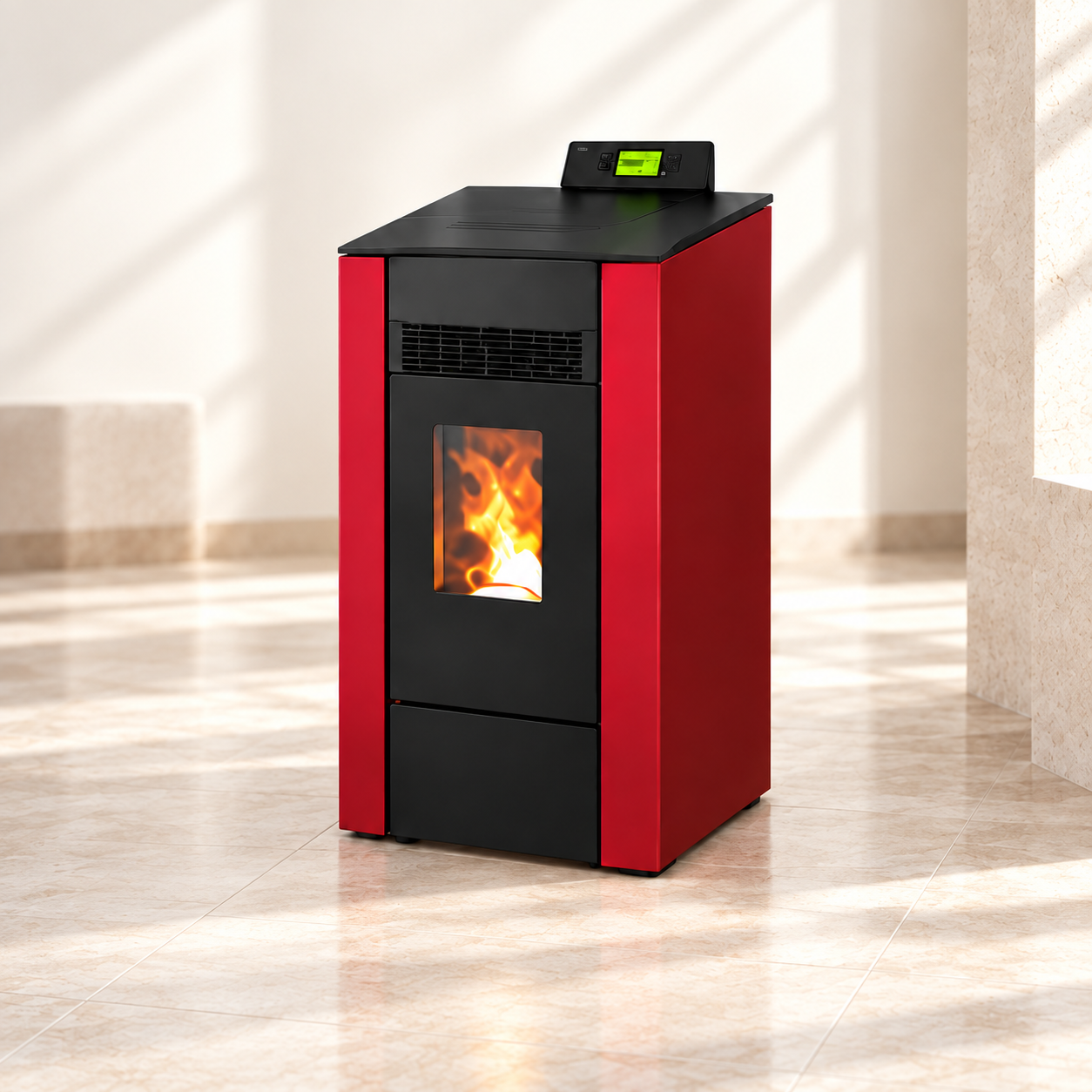 Estufa de pellet EOSS CLEA en acabado rojo y negro